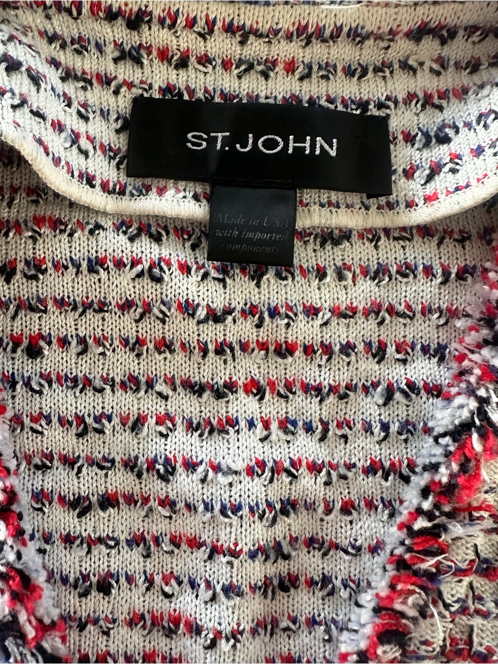 St. John Textured Knit Fringe Trim Jacket White Red Blue Novelty Weave Blazer - Picture 9 of 11